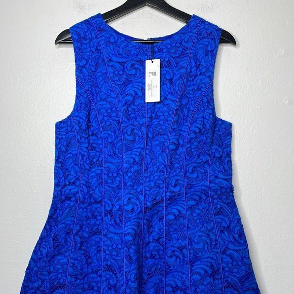 ADAM LIPPES Cobalt Blue SEAMED Corded LACE Flare COCKTAIL Mini DRESS US 12 - Picture 6 of 12